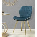 Art deco čalúnená prešívaná jedálenská stolička Dorena s zamatovým petrolejovým modrým poťahom a zlatými nožičkami 77 cm