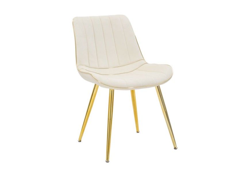 Glamour jedálenská stolička Asen v krémovej farbe s prešívaním a čalúnením so zamatovým poťahom a zlatým rámovaním a nožičkami z kovu v zlatej farbe
