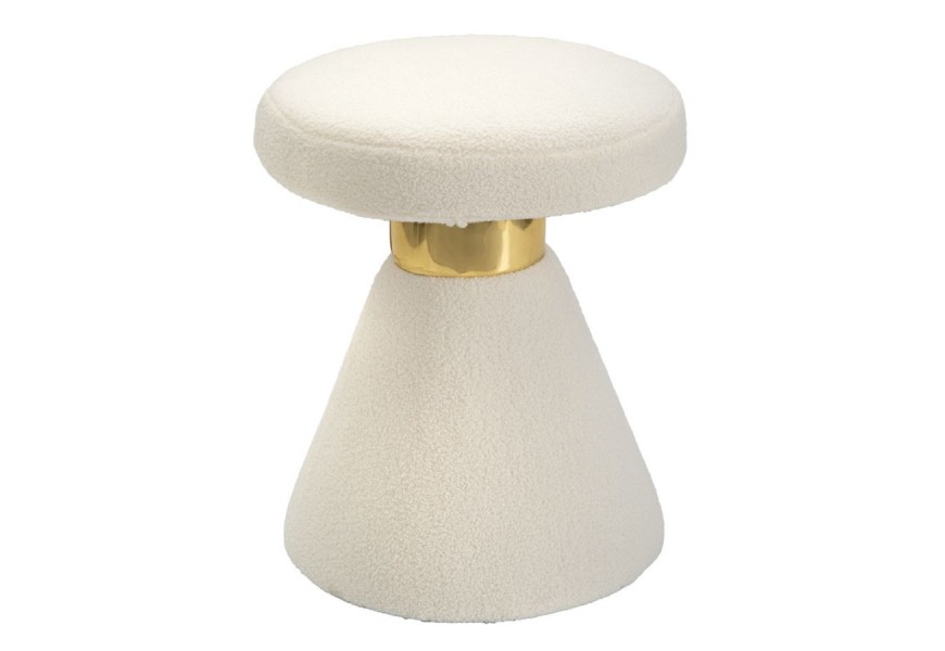 Glamour taburetka Vinia v okrúhlom tvare v krémovej farbe s poťahom bouclé s detailom v zlatej farbe a s nohou v kuželovom tvare