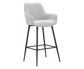 Moderná barová stolička Eli s čiernymi kovovými nožičkami a sivým látkovým čalúnením s geometrickým vzorom 109 cm