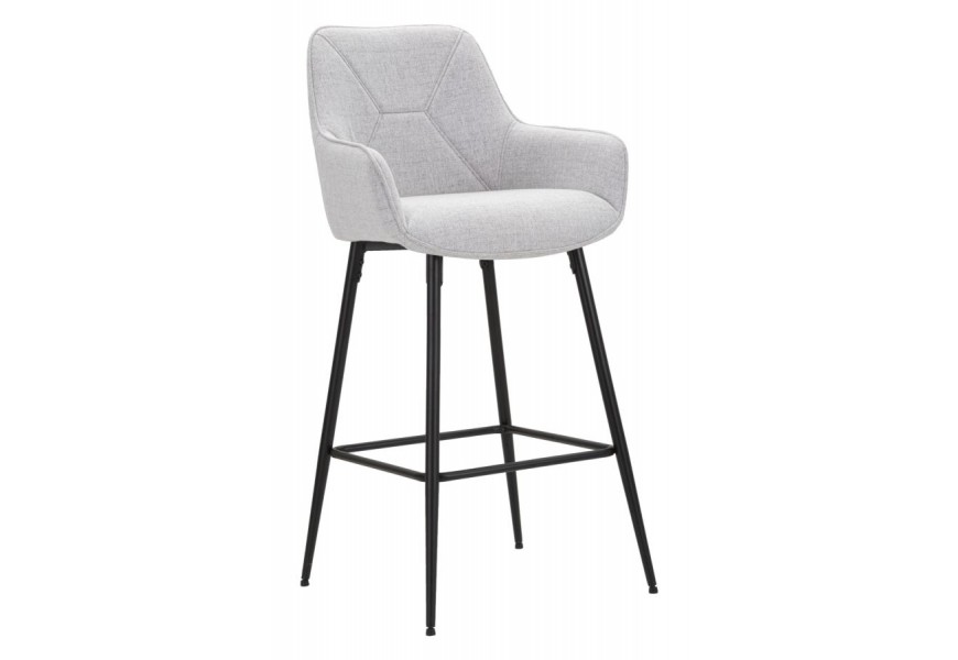 Moderná barová stolička Eli s ergonomickým operadlom, čalúneným sedákom vo svetlo šedej látke a štíhlymi kovovými nožičkami v čiernom prevedení