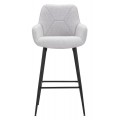 Moderná barová stolička Eli s čiernymi kovovými nožičkami a sivým látkovým čalúnením s geometrickým vzorom 109 cm