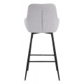Moderná barová stolička Eli s čiernymi kovovými nožičkami a sivým látkovým čalúnením s geometrickým vzorom 109 cm