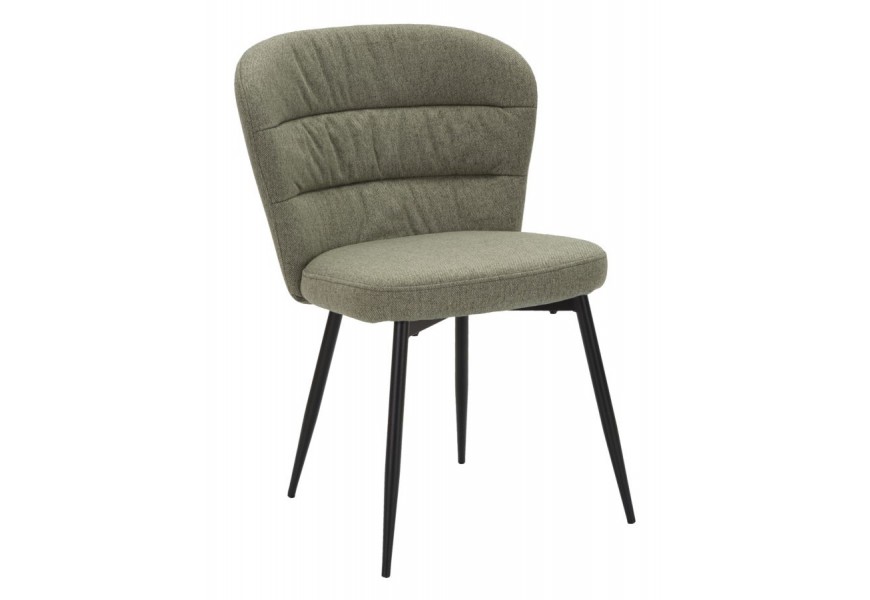 Škandinávska jedálenská stolička s olivovo zeleným poťahom so širokým poloblúkovým operadlom z čiernych kovových nôh