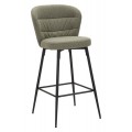 Škandinávska barová stolička Magnus s textilným poťahom v olivovo zelenej farbe a ergonomicky tvarovaným operadlom na čiernej kovovej konštrukcii