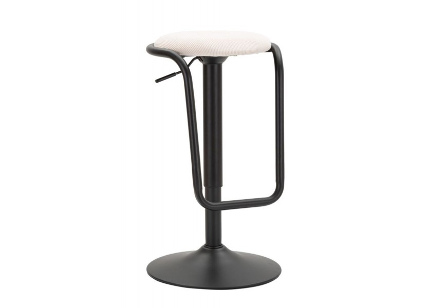 Škandinávska barová stolička Vireo s okrúhlym sedadlom v bielej farbe s menčestrovou textúrou so zabudovanou opierkou na nohy a výškovo nastaviteľnou kovovou konštrukciou v čiernej matnej úprave