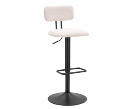 Moderná biela barová stolička Nairo s menčestrovým poťahom a výškovo nastaviteľnou konštrukciou s opierkou na nohy 106 cm