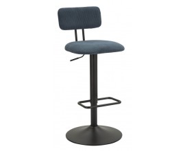 Moderná barová stolička Nairo s menčestrovým poťahom v tmavo modrej farbe a výškovo nastaviteľnou kovovou konštrukciou 106 cm