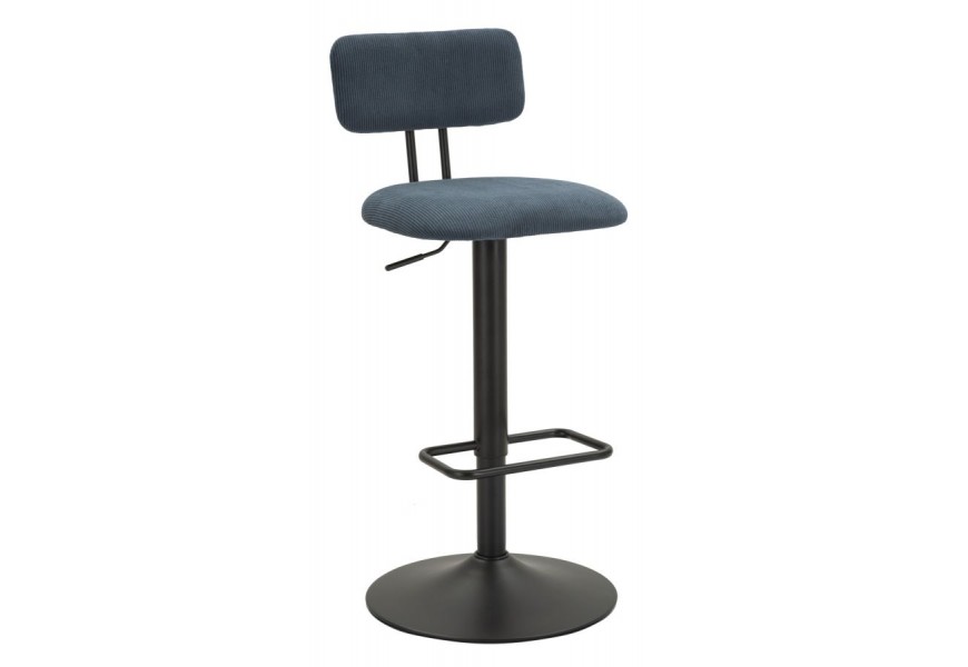 Škandinávska barová stolička Nairo s menčestrovým poťahom v tmavo modrej farbe so zaobleným operadlom výškovo nastaviteľná s kovovou konštrukciou v čiernom matnom prevedení a okrúhlou podstavou