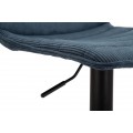 Moderná barová stolička Lenza s menčestrovým poťahom v tmavej modrej farbe a výškovo nastaviteľnou čiernou podstavou 107 cm