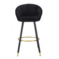 Art deco čierna barov&aacute; stolička Eldoria s obl&yacute;m čal&uacute;nen&yacute;m operadlom a kovov&yacute;mi nožičkami so zlat&yacute;mi detailmi 104 cm