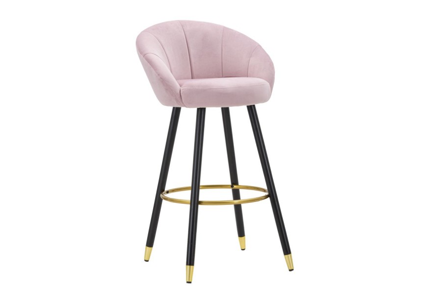Glamour barová stolička Eldoria s oblým operadlom čalúneným v ružovej látke a čiernymi kovovými nožičkami so zlatými detailmi