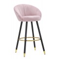 Glamour barová stolička Eldoria s oblým operadlom čalúneným v ružovej látke a čiernymi kovovými nožičkami so zlatými detailmi