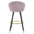 Art deco ružová barová stolička Eldoria s čalúneným oblým operadlom a čiernymi kovovými nožičkami so zlatými detailmi 104 cm