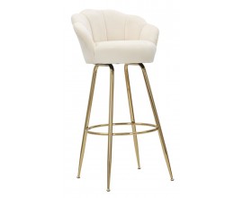 Art deco krémová barová stolička Florencia s čalúneným operadlom v tvare mušle a zlatými kovovými nožičkami 110 cm