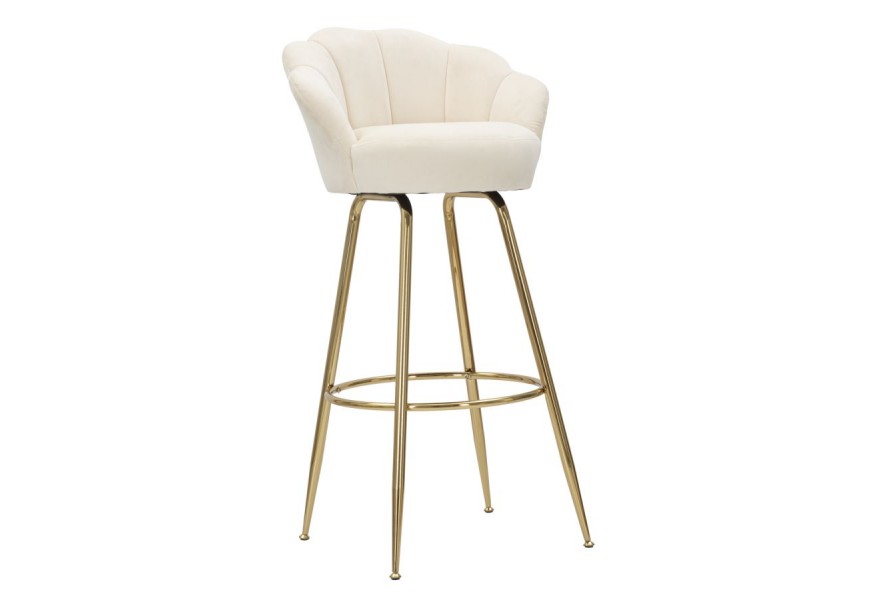 Art deco krémová barová stolička Florencia s čalúneným operadlom v tvare mušle a zlatými kovovými nožičkami 110 cm