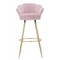 Art deco ružová barová stolička Florencia s čalúneným sedadlom a mušľovým operadlom so zlatými kovovými nožičkami 110 cm