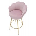 Art deco ružová barová stolička Florencia s čalúneným sedadlom a mušľovým operadlom so zlatými kovovými nožičkami 110 cm
