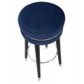 Art deco okrúhla čalúnená barová stolička Laurentia s námorníckym modrým zamatovým poťahom so striebornými detailmi 74 cm