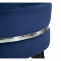 Art deco okrúhla čalúnená barová stolička Laurentia s námorníckym modrým zamatovým poťahom so striebornými detailmi 74 cm
