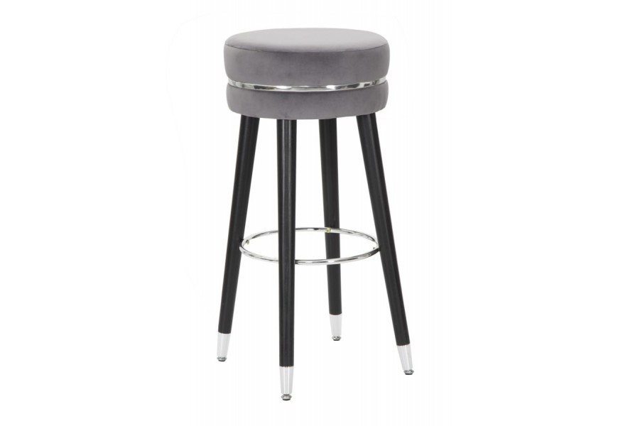 Art deco barová stolička Laurentia so sivým zamatovým sedadlom s chrómovými detailmi a čiernymi kovovými nožičkami 74 cm