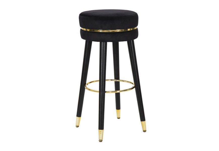 Art deco glamour barová stolička Laurentia s čiernym zamatovým sedadlom so zlatým detailom a čiernymi kovovými nožičkami 74 cm