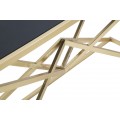 Dizajnový art deco konzolový stolík Triangolo Oro s obdĺžnikovou doskou z čierneho skla a geometrickou zlatou podstavou 130 cm