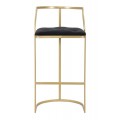 Dizajnová glamour barová stolička Izmir so zlatým kovovým rámom a čiernym zamatovým sedadlom s ozdobným prešívaním 90 cm