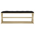 Dizajnová art deco lavica Araccia s dvomi policami na topánky v zlatej farbe s čiernym zamatovým čalúnením 120 cm