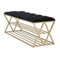 Dizajnová art deco lavica Araccia s dvomi policami na topánky v zlatej farbe s čiernym zamatovým čalúnením 120 cm