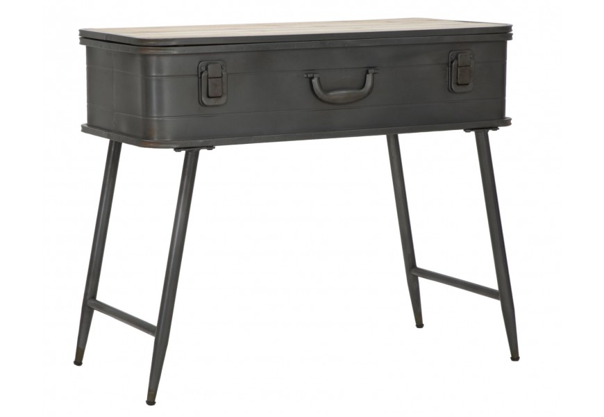 Industriálny vintage konzolový stolík Ferriano s truhlicovou vrchnou časťou s vyklápacou vrchnou doskou v svetlej hnedej farbe dreva s kovovou konštrukciou v tmavej sivej farbe s patinou