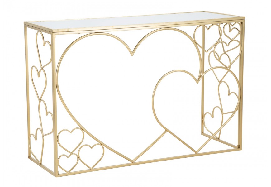 Glamour zrkadlový konzolový stolík Amorattia s obdĺžnikovou vrchnou doskou zo zrkadlového skla a podstavou z kovu v zlatej farbe s dizajnom sŕdc
