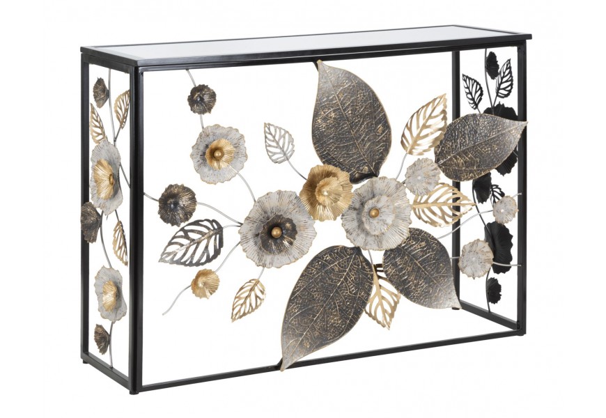 Dizajnový konzolový stolík Florel s čiernou kovovou konštrukciou s kvetinovým motívom a zrkadlovou sklenenou doskou 112 cm