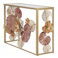 Dizajnový glamour konzolový stolík Floral so zlatou kovovu podstavou a florálnou výzdobou v odtieňoch ružovej a oranžovej 114 cm