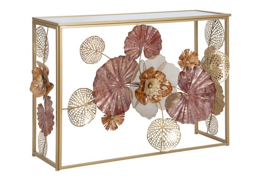 Dizajnový glamour obdĺžnikový konzolový stolík Floral so zrkadlovou vrchnou doskou a kovovou konštrukciou v zlatej farbe s bohatou výzdobou v tvare kvetín v pastelovej oranžovej a ružovej farbe