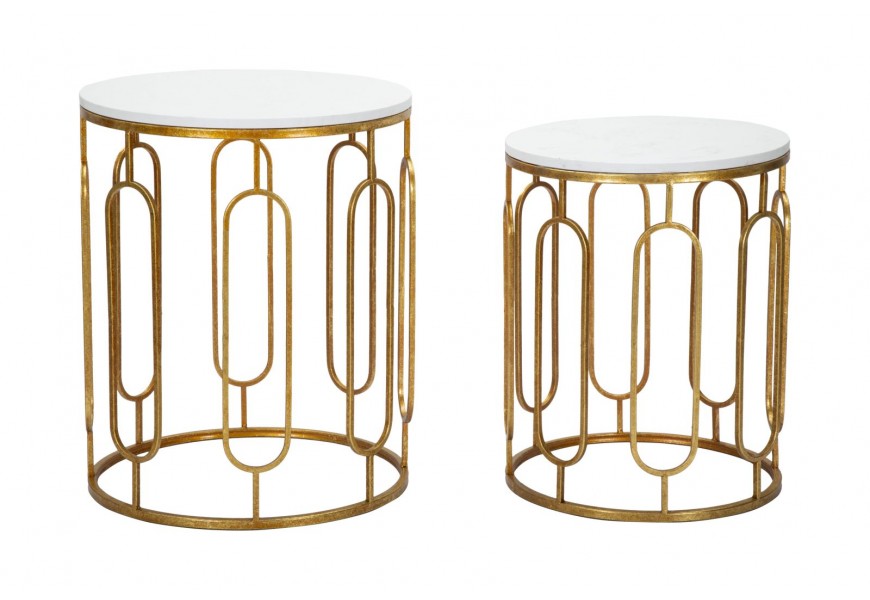 Art deco sada zlatých okrúhlych kovových príručných stolíkov Lancelot s doskou s mramorovým dizajnom v bielej farbe 55 cm