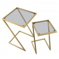 Art deco sada kovových štvorcových zlatých príručných stolíkov Radan so sklenenou hnedou vrchnou doskou 60 cm