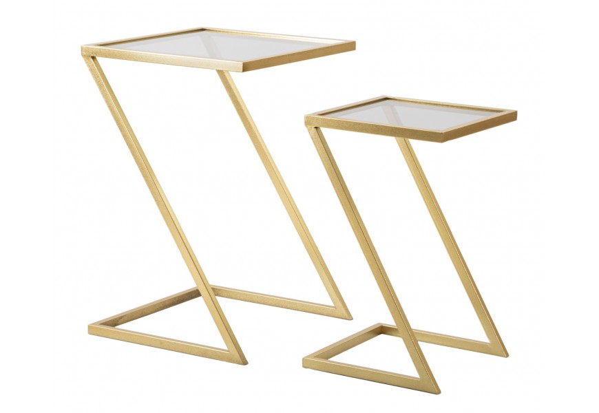 Glamour sada príručných stolíkov Radan v štvorcovom tvare s kovovou nohou v zlatej farbe s vrchnou doskou zo skla v hnedej farbe
