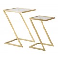 Glamour sada príručných stolíkov Radan v štvorcovom tvare s kovovou nohou v zlatej farbe s vrchnou doskou zo skla v hnedej farbe