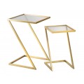 Art deco sada kovových štvorcových zlatých príručných stolíkov Radan so sklenenou hnedou vrchnou doskou 60 cm