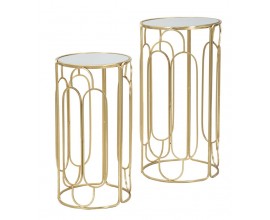 Art deco sada zlatých kovových okrúhlych príručných stolíkov Ameria s vrchnou zrkadlovou doskou 70 cm