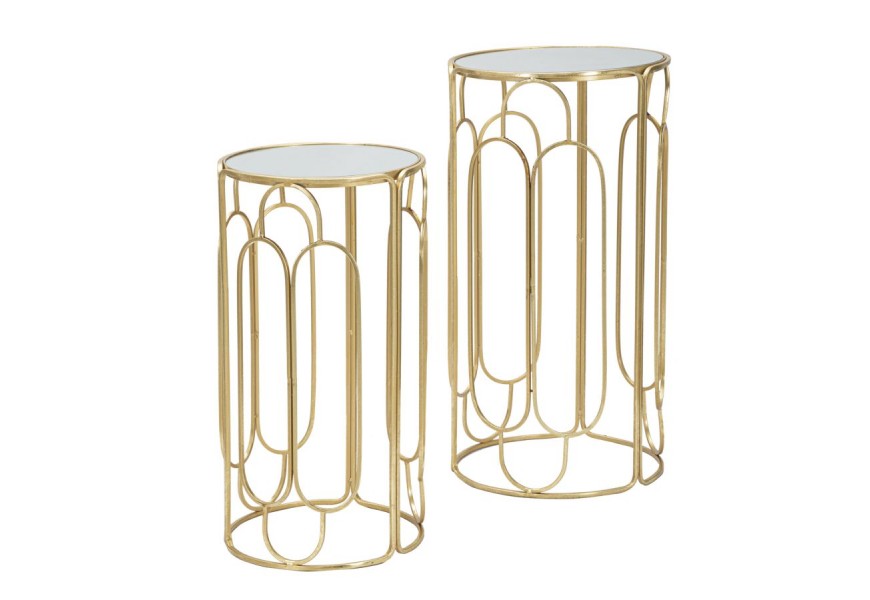 Glamour set dvoch príručných stolíkov Ameria v zlatej farbe z kovu v okrúhlom tvare s  geometrickými vzormi s vrchnou doskou so zrkadlom