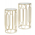 Glamour set dvoch príručných stolíkov Ameria v zlatej farbe z kovu v okrúhlom tvare s  geometrickými vzormi s vrchnou doskou so zrkadlom