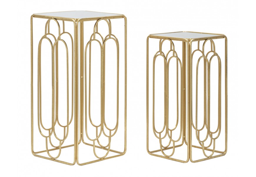 Glamour set príručných stolíkov Anaka s geometrickými vzormi v zlatej farbe z kovu s vrchnou doskou so zrkadlom