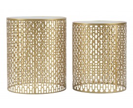 Art deco sada okrúhlych kovových príručných stolíkov Lomar so zlatým vzorovaním a vrchnou zrkadlovou doskou 50 cm 