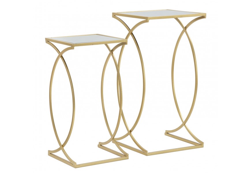 Art deco sada štvorcových príručných kovových zlatých stolíkov Kenia s geometrickou nohou a vrchnou zrkadlovou doskou 70 cm