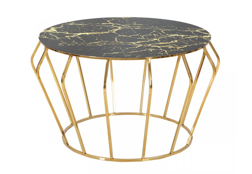 Art deco okrúhly kovový zlatý konferenčný stolík Mino s vrchnou sklenenou doskou s čiernym mramorovým dizajnom 78 cm