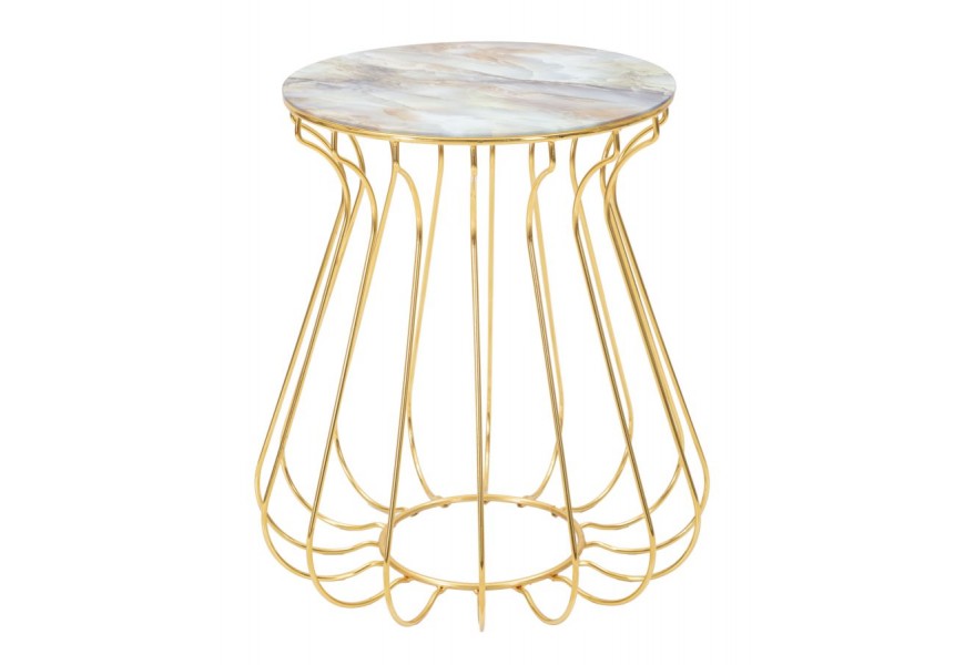 Glamour konferenčný stolík Naris v okrúhlom tvare v zlatej farbe z kovu s atypickou nohou a vrchnou deskou s mramorovým dizajnom vo fialovo sivej farbe