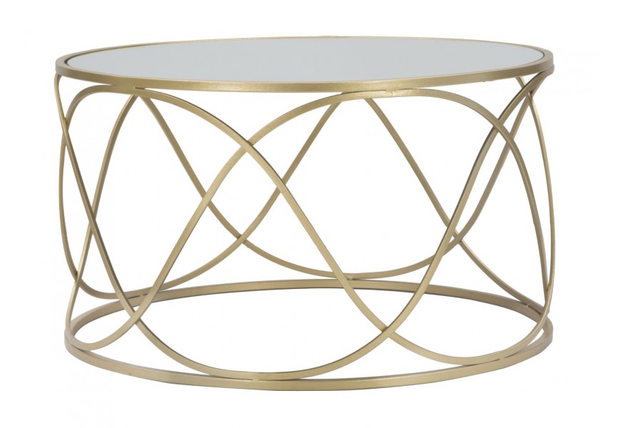 Glamour konferenčný stolík Rendy v zlatej farbe z kovu s nohou s vlnitými tyčami a kruhovou spojnicí s vrchnou doskou so zrkadlom