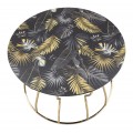 Art deco okr&uacute;hly zlat&yacute; kovov&yacute; konferenčn&yacute; stol&iacute;k Arina s vrchnou čiernou drevenou doskou s listov&yacute;m zelen&yacute;m mot&iacute;vom 70 cm